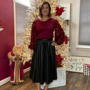 Faux Leather Pleated Skirt - Black